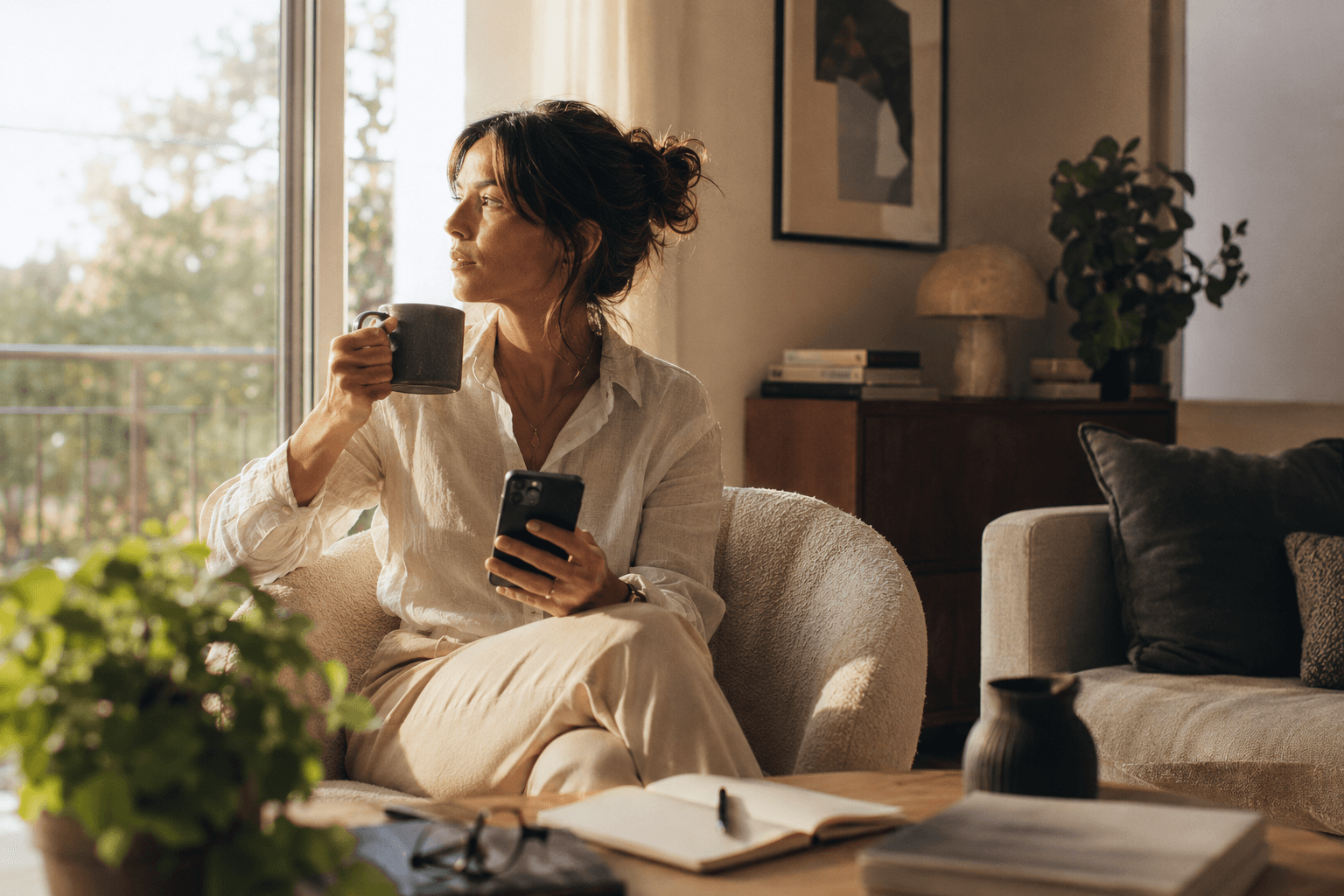 Une indépendante consultant son téléphone